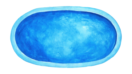 Oval watercolor swimming pool in blue tones with clear water, illustrating summer holidays, leisure, and relaxation from a top view, featuring a transparent background