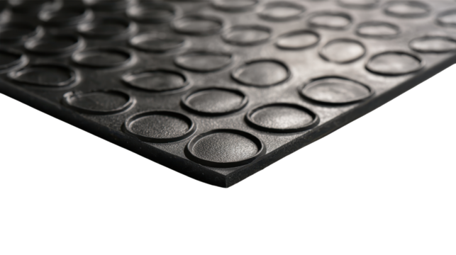 Black non slip rubber flooring surface featuring embossed circular stud patterns providing enhanced grip and durability, with transparent background - Powered by Adobe