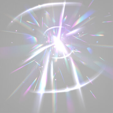 Crystal diamond rainbow prism projects neon light through glitter glass. PNG vector lens flare captures glare, sparkle, bokeh, holographic effect. Rainbow reflections enhance vibrant composition.
