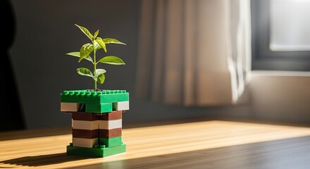 Fototapeta premium Green Sprout in a Lego Pot: A Symbol of Growth, Creativity, and Sustainable Building