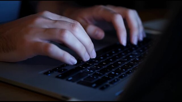 Closeup of hands typing on laptop keyboard in low light
