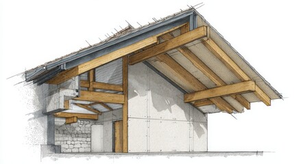 Architectural cutaway sketch showing partial interior and exterior structure with roof trusses, timber beams, insulation, cladding, stone wall and concrete foundation plan