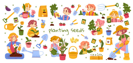 Obraz premium Gardening character collection showing seed planting, seedlings, soil and garden tools in a kawaii flat cartoon style, suitable for educational and seasonal gardening projects.