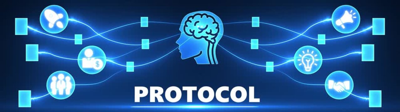 Protocol Concept with Brain and Connected Icons on Blue Background network connection