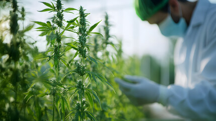Scientist inspecting medical cannabis plants in a greenhouse. Marijuana cultivation for pharmaceutical research.
