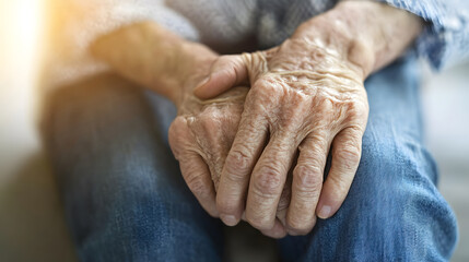 Fototapeta premium Close-up of wrinkled elderly hands resting on a lap. Senior care, aging, and retirement home concept. 