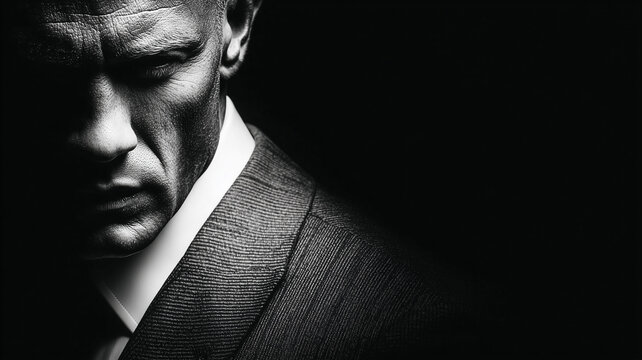A black and white portrait of a confident man in a classic suit against a dark background. Dramatic lighting emphasizes the facial features, creating an image of seriousness, power, and success.