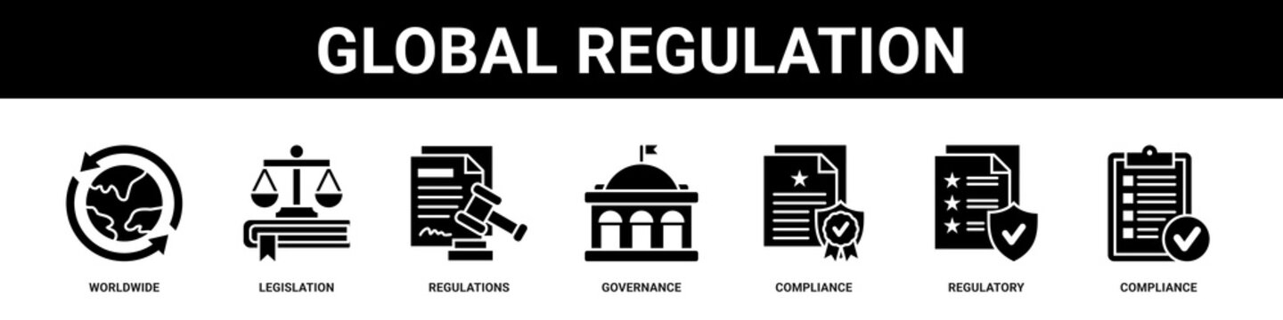 Global Regulation web banner icon set collection solid style.