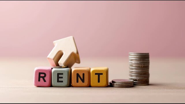 Wooden cubes spelling rent with a small house model on top gradually collapsing alongside falling coins, symbolizing the instability and decreasing affordability of renting a property