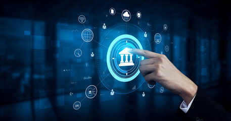 A global FinTech and digital banking network technology concept. A central financial system connected to the worldwide digital economy and services. Motif