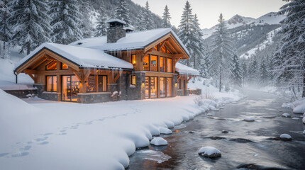 In the foreground a luxury, high end, elaborate Mountain Cabin next to an icy, flowing stream after a heavy snowfall