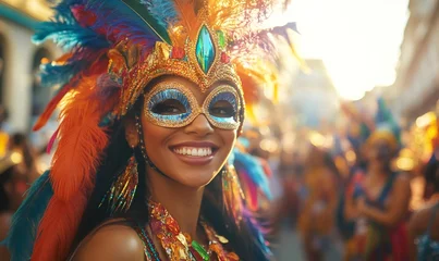 Stickers Carnaval Woman in carnival costume and sparkling mask performing durante a street parade, exuding joy and festive energy in the crowd  © VictoriaEmerson