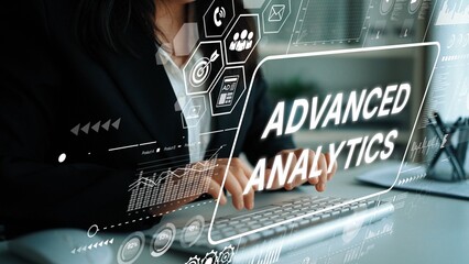 Professional Businesswoman Engaging with Advanced Analytics Concepts and Data Visualizations in Modern Workspace Setting. Asymptotic smart data analytic.