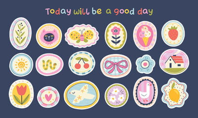 Fototapeta premium Set of cute vector stickers and hand-drawn patches on dark background. Minimalist doodle elements with positive quote for stylish stationery, textile, trendy packaging, fabric and modern design.