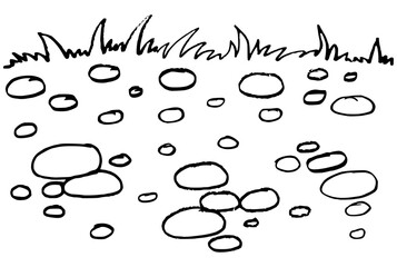 Artistic handmade stones and lawn illustration, monochrome garden path doodle.Hand-drawn pebbles and grass line art, minimalist organic nature sketch vector.