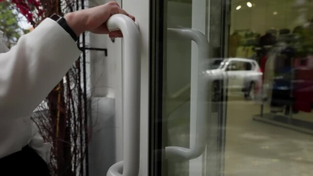 Close-up of white metal handles on a glass storefront door, with reflections of outdoor greenery and a lit boutique interior with clothing racks visible through the entrance