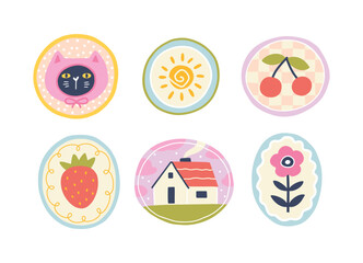 Fototapeta premium Vector set of cute hand-drawn stickers with cat, sun, cherry and house. Minimalist groovy doodle collection for kids textile, nursery packaging, stylish boho stationery or childish fabric print.