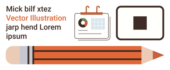 Education, scheduling, productivity, writing tools, content creation, and planning. A calendar, pencil and square button with placeholder text elements. Education and scheduling visuals concept