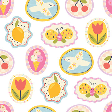 Seamless pattern with trendy summer vacation vibes. Modern naive doodle icons in bright pastel colors, cute oval frames with lemon ice cream and bird for stylish travel textiles or sunny beach fabric