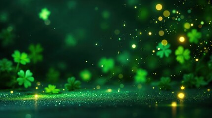 St. Patrick's Day background with green shamrocks and golden glitter. Magical festive scene with sparkling bokeh lights and copy space