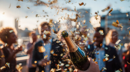 Hand holding a bottle while celebrating with golden confetti and a group of people enjoying a festive outdoor party on a sunny day