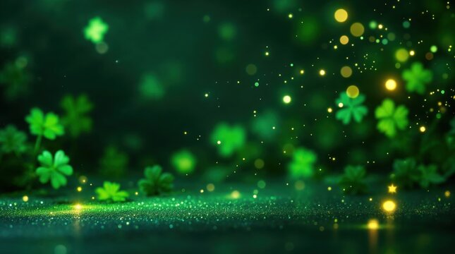 St. Patrick's Day background with green shamrocks and golden glitter. Magical festive scene with sparkling bokeh lights and copy space