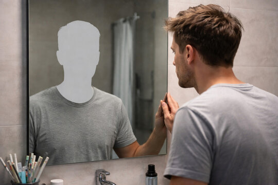 A man looks in the mirror and sees a faceless reflection in the bathroom.