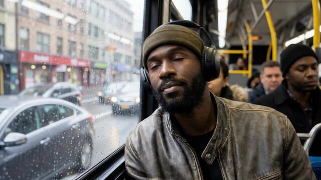 Relaxed Black man commuting on city bus while listening to music with headphones and eyes closed for mental peace, cinematic 4k video.