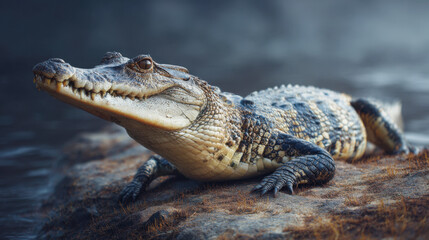 Obraz premium Powerful crocodile resting on riverbank rocks in natural habitat, close up of dangerous reptile predator with scaly skin and sharp teeth, wildlife photography of large alligator in tropical swamp