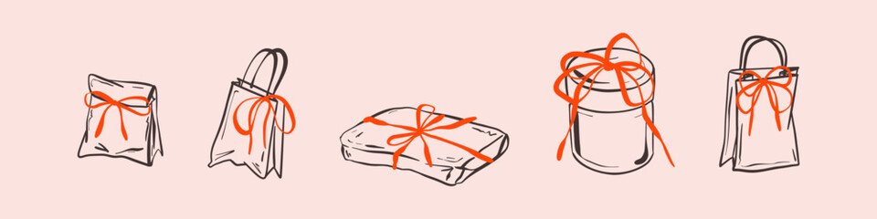 Set of hand drawn crayon, pencil, chalk sketch boft boxes and packages with red coquette bows. Whimsical vintage Christmas, birthday, wedding present banded with pink ribbon charcoal doodle drawing