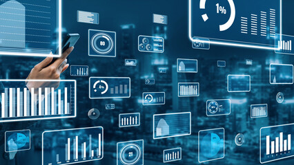 A high-tech digital interface showcasing various charts and graphs, emphasizing data analytics and business growth in a modern, futuristic environment. Xenic