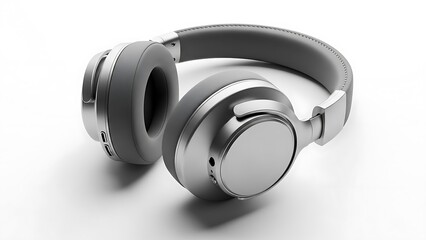 Silver wireless headphones with gray ear cushions and headband on white background silver headphones