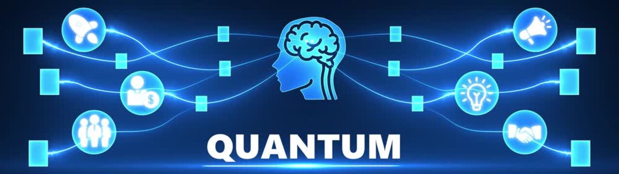 Futuristic Quantum Computing Network with Brain Icon and Business Icons on Blue Background artificial intelligence