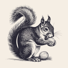 vintage engraved squirrel illustration eating nut with detailed fur and tail, classic natural history animal drawing isolated on light background.