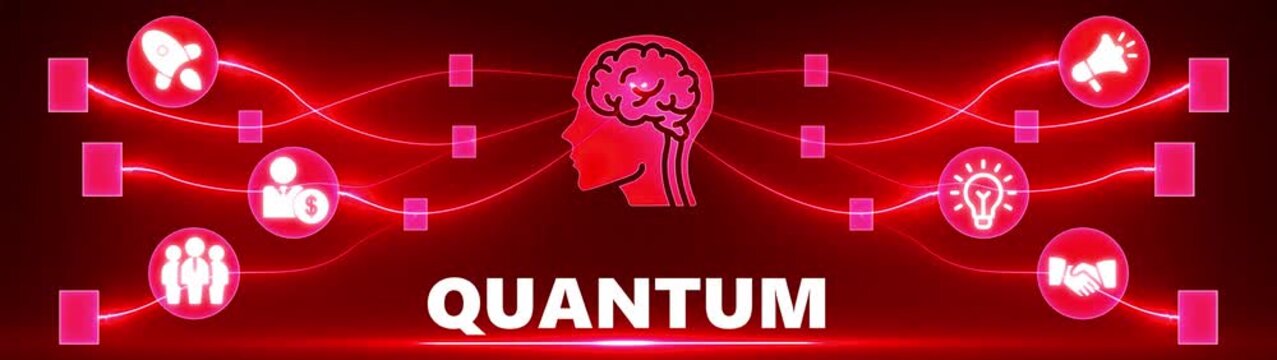 Red Quantum Computing Network with Brain Icon and Business Icons on Dark Red Background artificial intelligence