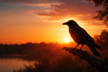 Obraz premium Raven on a branch against the background of the sunset. Space for text.