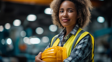Faceless portrait of smiling African American female worker in factory, confident young industrial engineer wearing safety vest holding hard hat, with copy space