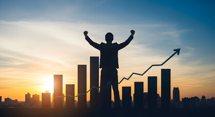 Silhouette of triumphant person raising arms over rising bar chart.