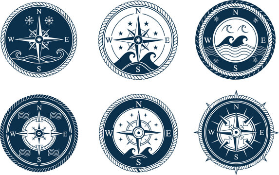 Six circular nautical compass designs featuring waves, stars, and rope details.
