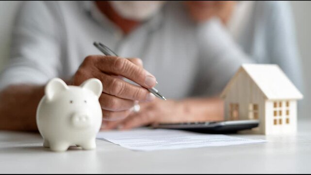 Senior man signing a contract at a table with a piggy bank and model house, representing home purchase, savings, and financial planning for retirement
