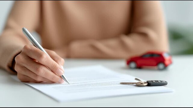 Close up of female hands signing car purchase agreement or rental contract, small red toy car and keys on the table, client buying or renting automobile at dealership office