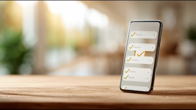 Checklist on smartphone screen for buying, renting, or moving into new house, completing tasks such as finding, visiting, financing, insuring, and signing contracts