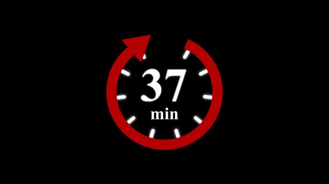 Red clock with 37 minute and circular arrows timer animation on transparent background. Motion graphics of time count symbol