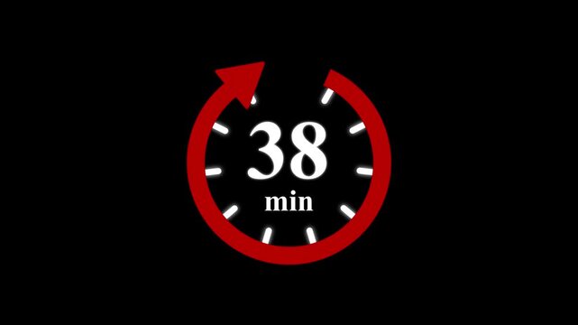 Red clock with 38 minute and circular arrows timer animation on transparent background. Motion graphics of time count symbol