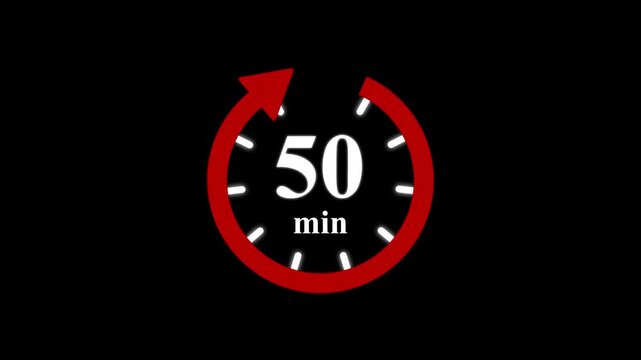Red clock with 50 minute and circular arrows timer animation on transparent background. Motion graphics of time count symbol