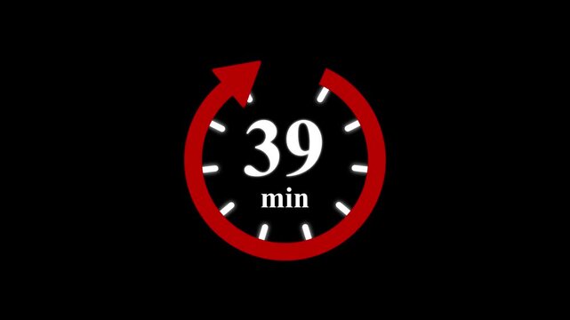 Red clock with 39 minute and circular arrows timer animation on transparent background. Motion graphics of time count symbol