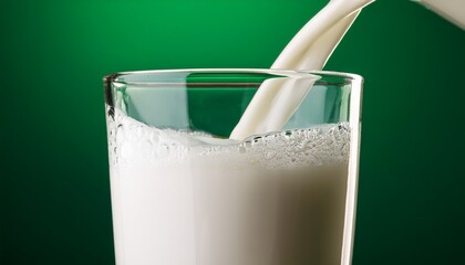 milk pouring into glass close up of fresh white liquid creating foam and bubbles on a green background healthy beverage or dairy product concept