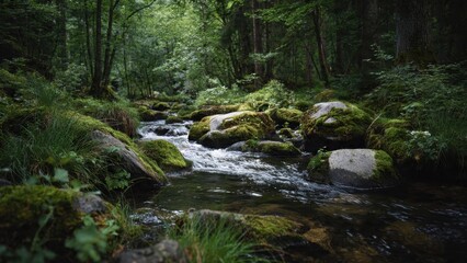 Lush creek flowing through a verdant forest