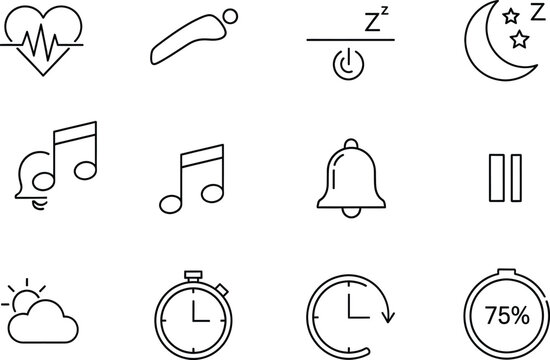 A collection of minimal line icons for health, time, and sleep tracking applications
