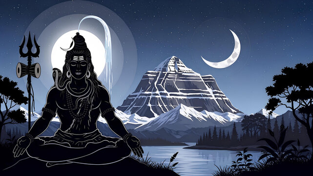 Lord Shiva Meditation Silhouette on Mountain Under Crescent Moon and Starry Night Sky